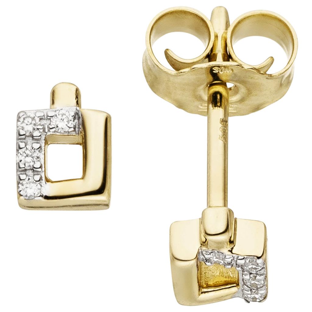 Ohrstecker Ohrringe mit 8 Diamanten Brillanten, 585 Gold Gelbgold teilrhodiniert