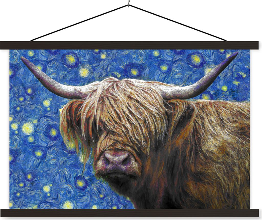 MuchoWow Textilposter Scottish Hochlandrind - Sternennacht - Van Gogh 120x80 cm mit schwarzem Rahmen - Wanddeko