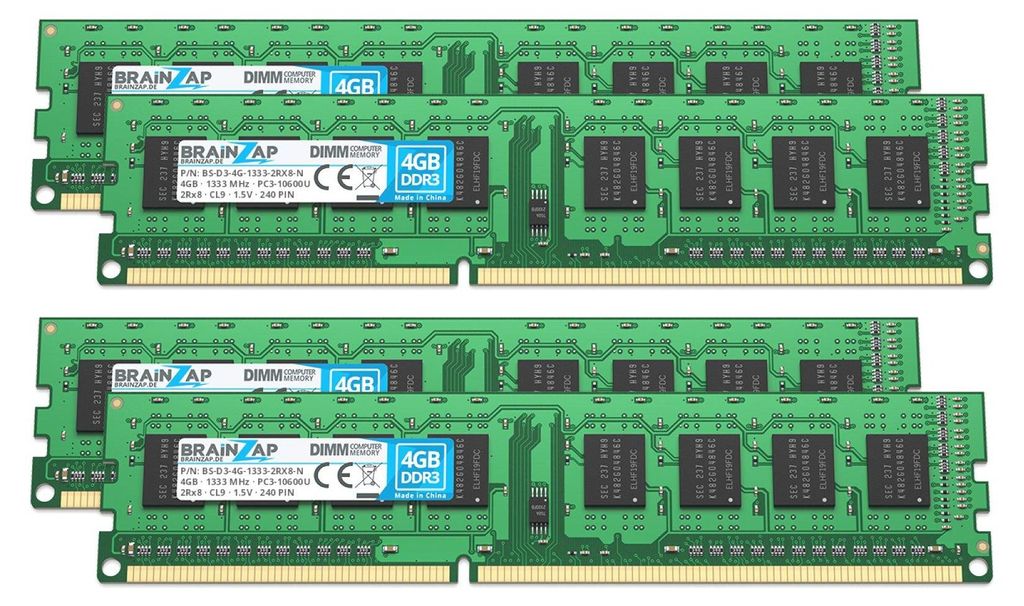 BRAINZAP 16GB (4x4GB) DDR3 1333MHz PC3-10600U DIMM CL9 2Rx8 Produktbild 