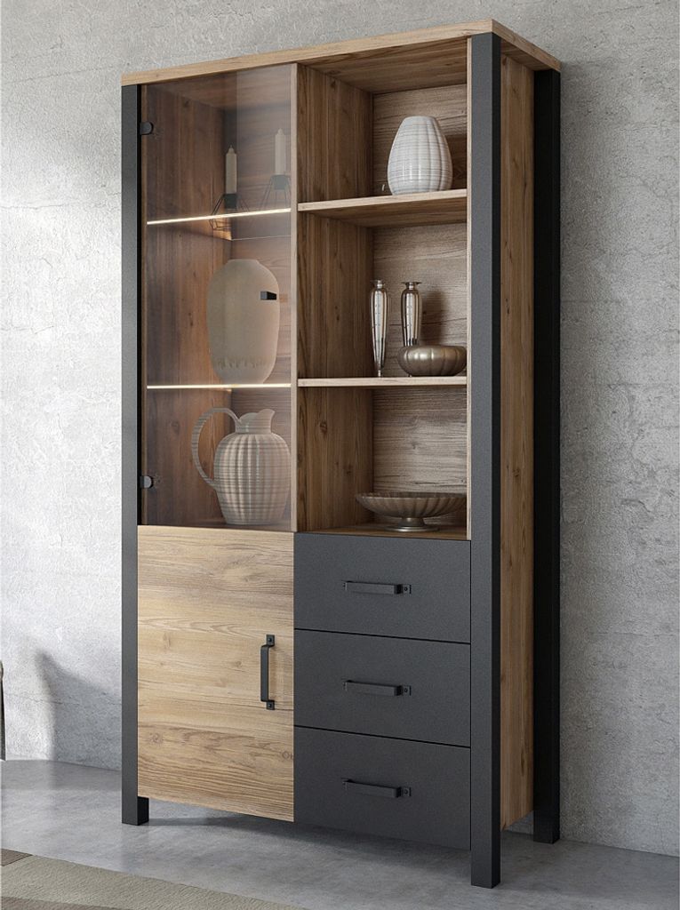Wohnzimmer Vitrine in Appenzeller Fichte Nb. mit schwarz super matt ORADEA-83, B/H/T ca. 101/191/43 cm