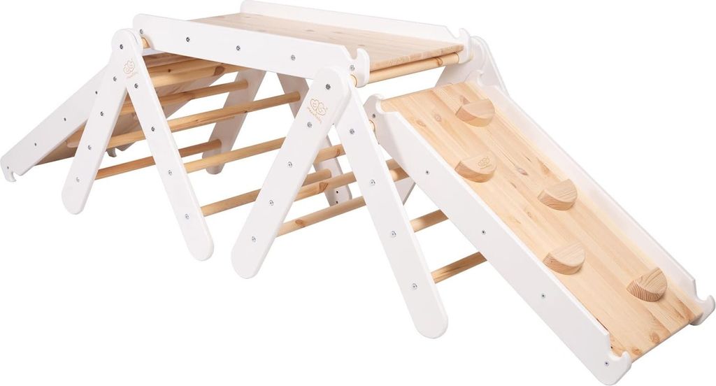 MEOWBABY Klettergerüst für Kinder - Indoor Set zwei Kletterdreiecke mit drei Rutschen/Kletterwänden, Montessori Spielgeräte Pikler aus Holz, Weiß