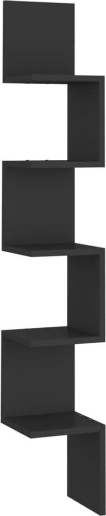 A black corner shelf unit is displayed against a white background.