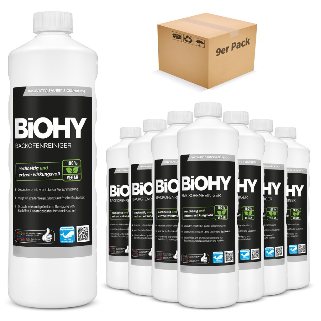BiOHY Backofenreiniger, Backofenspray, Ofenreiniger, Fettlöser – 9er Pack (9 x 1 Liter Flasche)