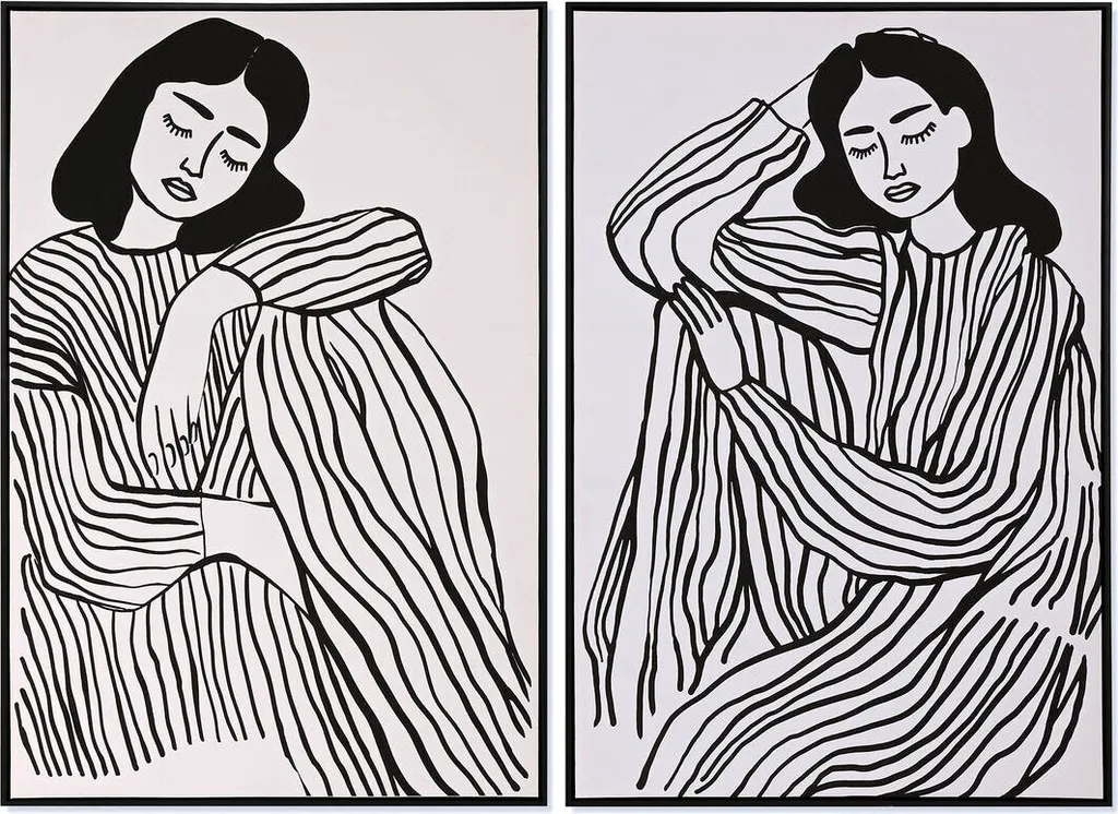 Set de 2 Tableaux Déco Murale Femme Scandinave Noir et Blanc 123 cm