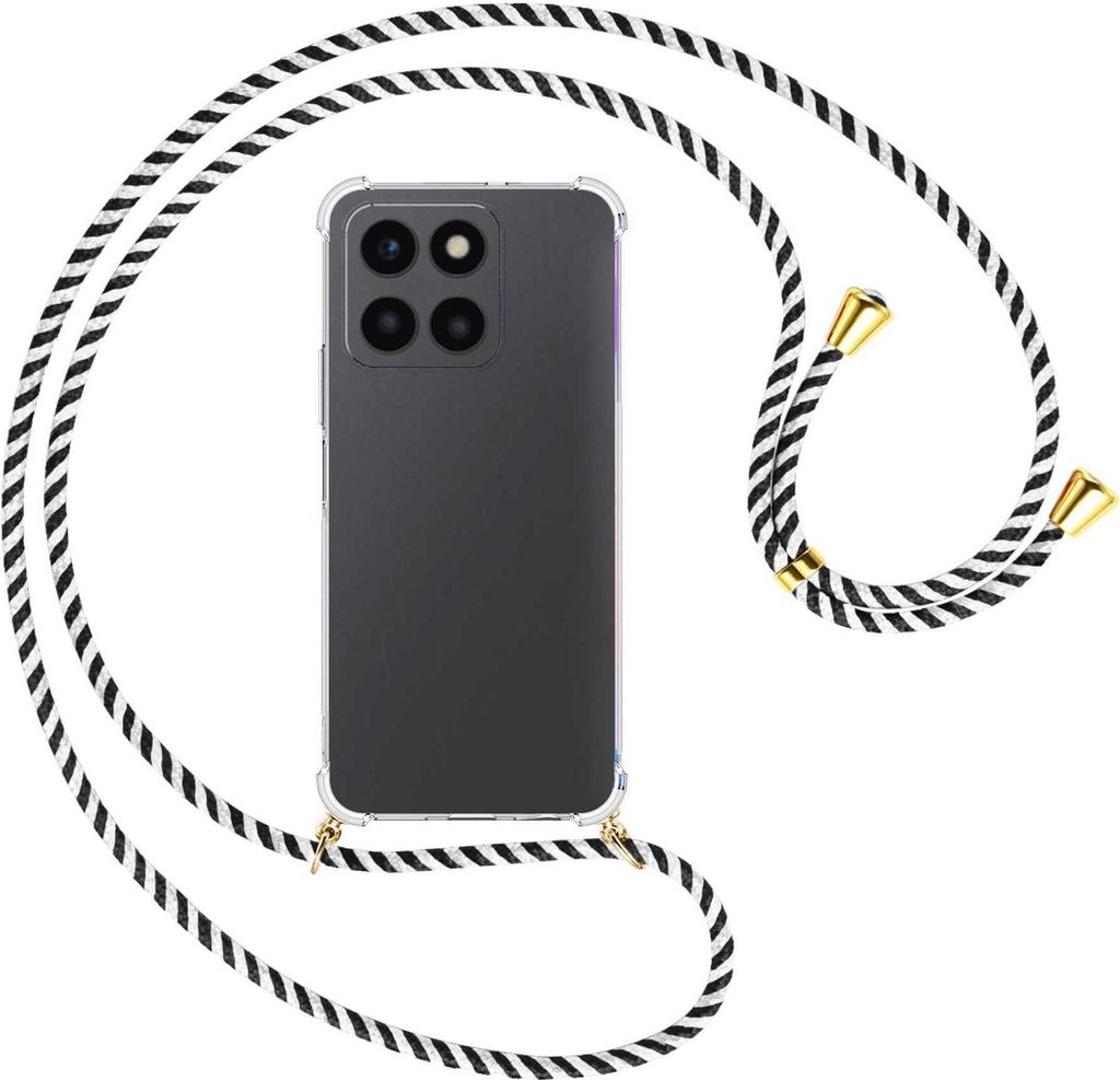 Handykette Backcover-Schutzhülle mit Band (Metall goldfarben) für Honor X6a (WDY-LX1, 6.56'') - schwarz/weiß gestreift