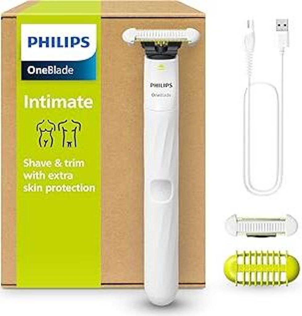 Philips OneBlade Intimate - Elektrischer Intimrasierer und Intimtrimmer für Damen und Herren, mit extra Hautschutz, 2x SkinProtect Klingen, 1x 3-m...