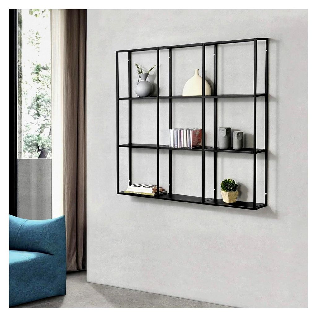 Wandregal Jelsa Schweberegal Wandboard Eisen Industriedesign 100 x 18 x 110 cm Metallregal mit 9 Ablageflächen Schwarz