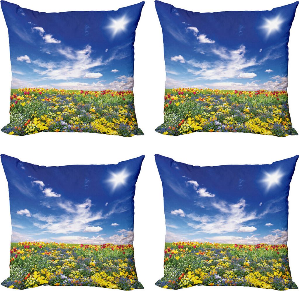 ABAKUHAUS Blume Kissenbezug Set (4 Stück), Blumen bewölkten Himmel, Moderner Doppelseitiger Digitaldruck, 60 cm x 60 cm, Mehrfarbig