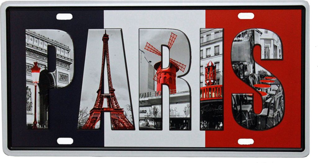 Retro Blechschild 30 x 15 cm Paris Eifelturm Arc de Triomphe Rote Mühle Sehenswürdigkeiten Deko Lustige Sprüche Bilder