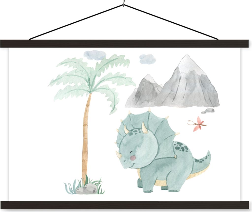 MuchoWow Textilposter Kinderzimmer - Dinosaurier - Berg - Jungen - Mädchen - Kind 60x40 cm mit schwarzem Rahmen - Hölzernes