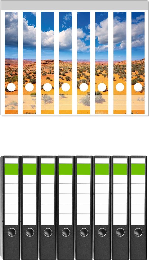 Wallario 8 Stück schmale Ordner inkl. Klebeetiketten mit Motive Wüste in Arizona - blauer Himmel mit Wolken I - Set mit Rückenschildern / Ordne...