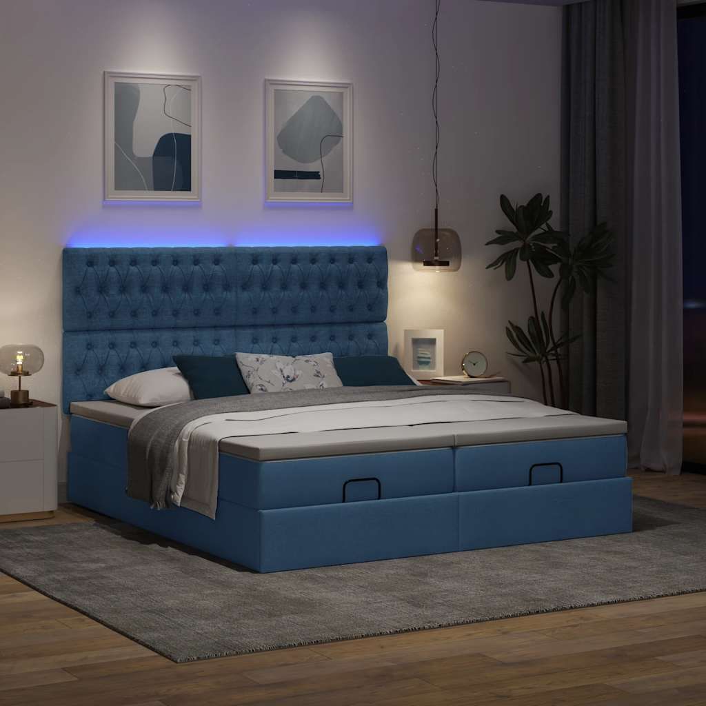Möbel Ottoman-Bett mit Matratzen & LEDs Blau 200x200 cm Stoff - Klassische Betten 3314575