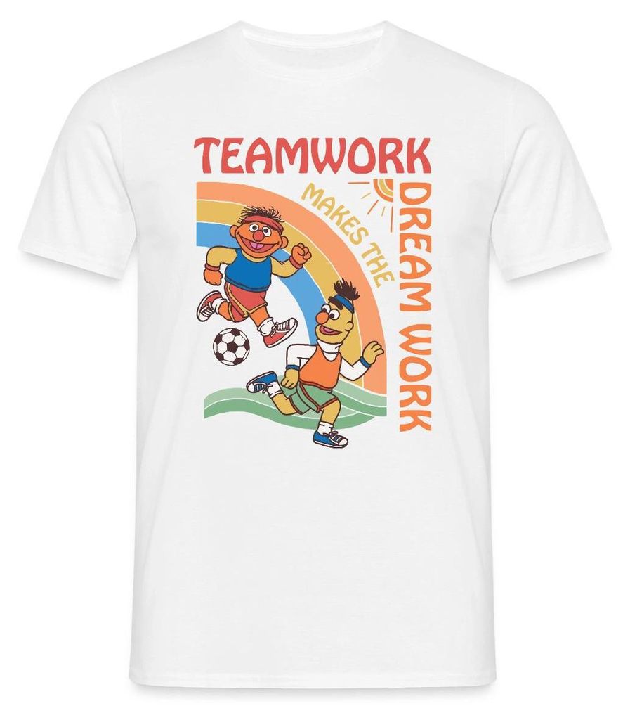 Spreadshirt Sesamstraße Teamwork Makes The Dream Work Mit Ernie Und Bert Männer T-Shirt, XL, Weiß