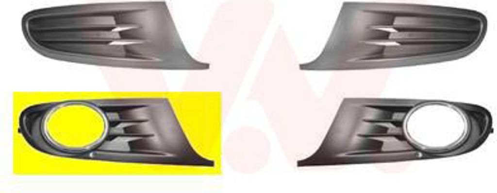 A collage of automotive fog light grilles, with one grille isolated on a yellow background.