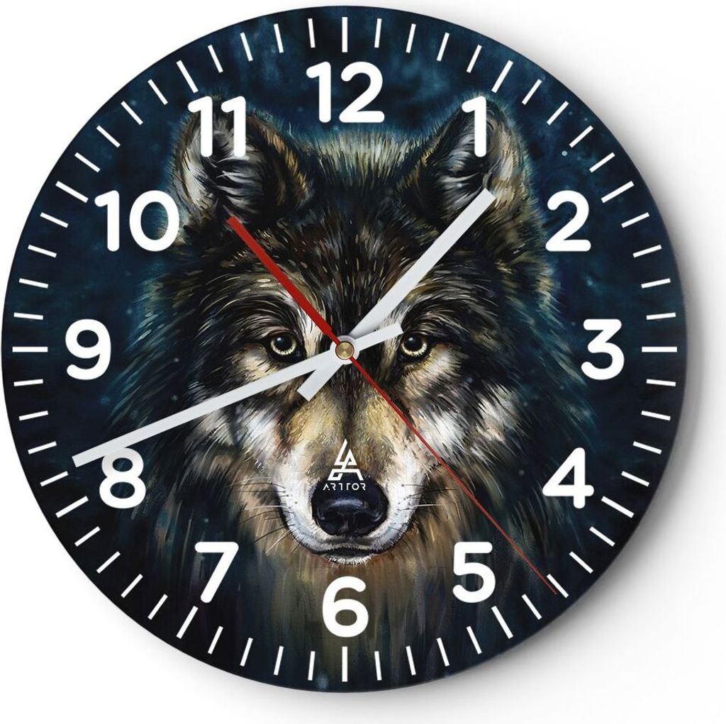 Wanduhr - Rund - Glasuhr - Wolf Dunkel Grafik - 40x40cm - Schleichendes Uhrwerk - Lautlos - zum Aufhängen bereit - Dekoration Modern - Wanddekorat...