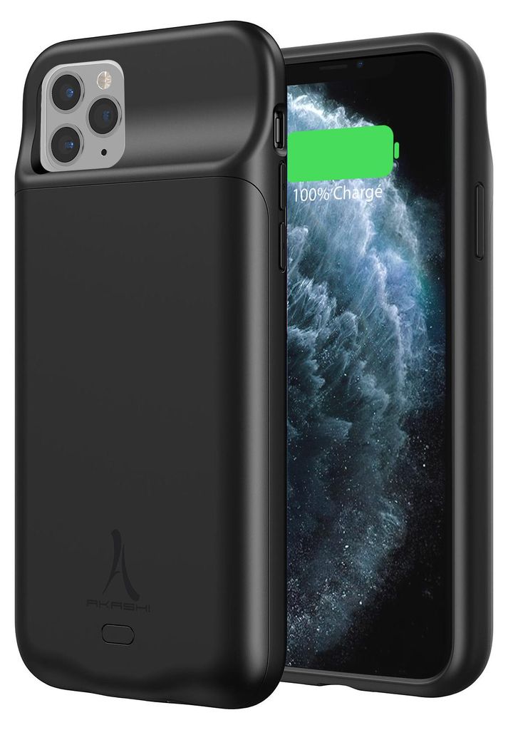 A black battery case for an iPhone 11 Pro is shown from a diagonal angle, with the phone's screen visible and displaying a full charge.