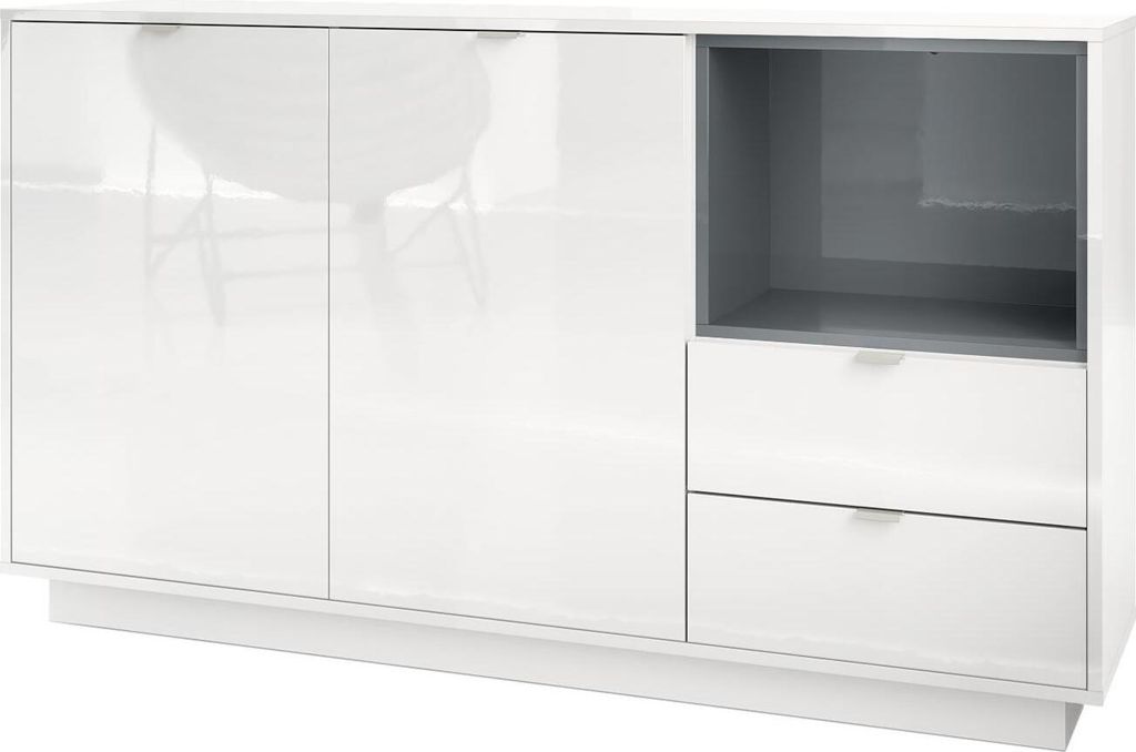 Vladon Sideboard Kommode Metro, Germany, Korpus in Weiß Hochglanz / Fronten in Weiß Hochglanz mit Einsatz in Grau Hochglanz
