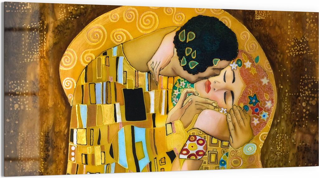 DEQORI Glasbild Echtglas 100x50 cm 'Der Kuss von Gustav Klimt' Wandbild Bild modern Deko