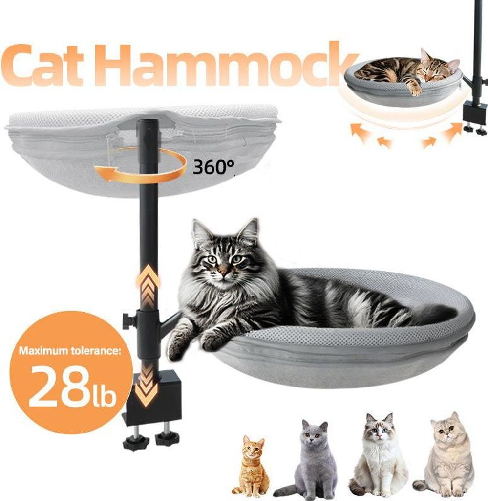 Verstellbares Katzen-Hängebett für Schreibtisch – 360° drehbare Katzenliege aus Netz- und Fleecegewebe, platzsparend