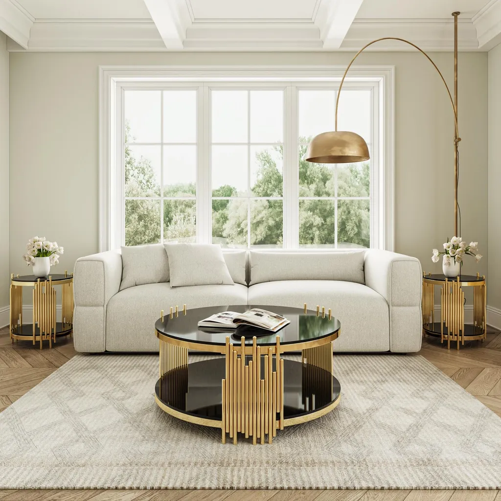 Table Basse de Luxe en Acier Doré et Verre Noir Double Compartiment