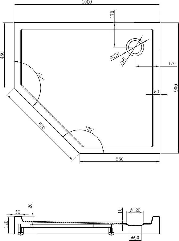 Bac de douche pentagonal 100x90 cm Mexen Flow+ blanc brillant durable