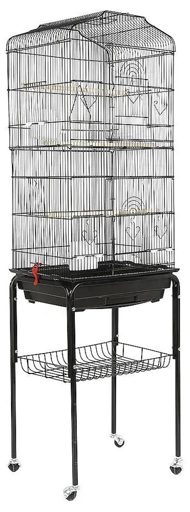 Cage à oiseaux en fer noir avec roulettes et mangeoire intégrée - 150cm