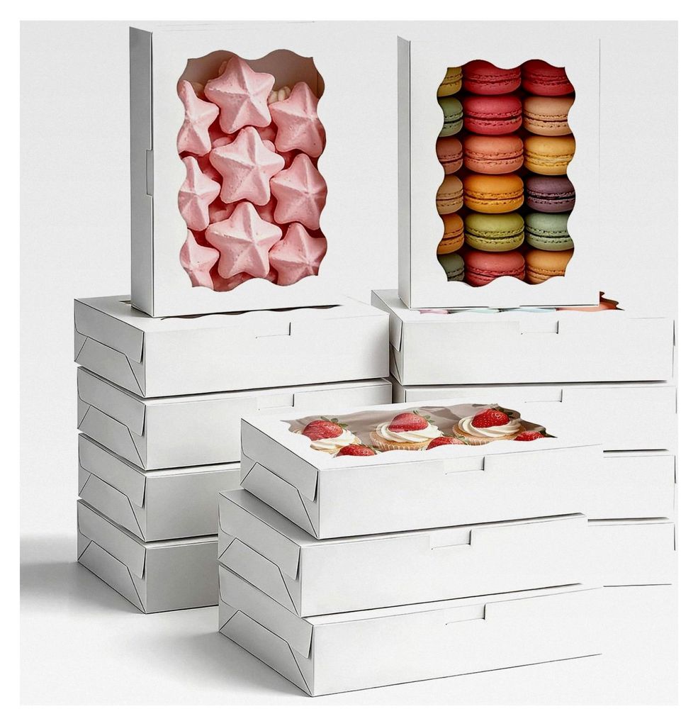 20 Stück Keksschachteln mit Sichtfenster, Gebäckkarton 18x11x4cm, Bäckerei Boxen für Kekse, Macarons, Schokolade, Cupcakes, Donuts und Pralinen