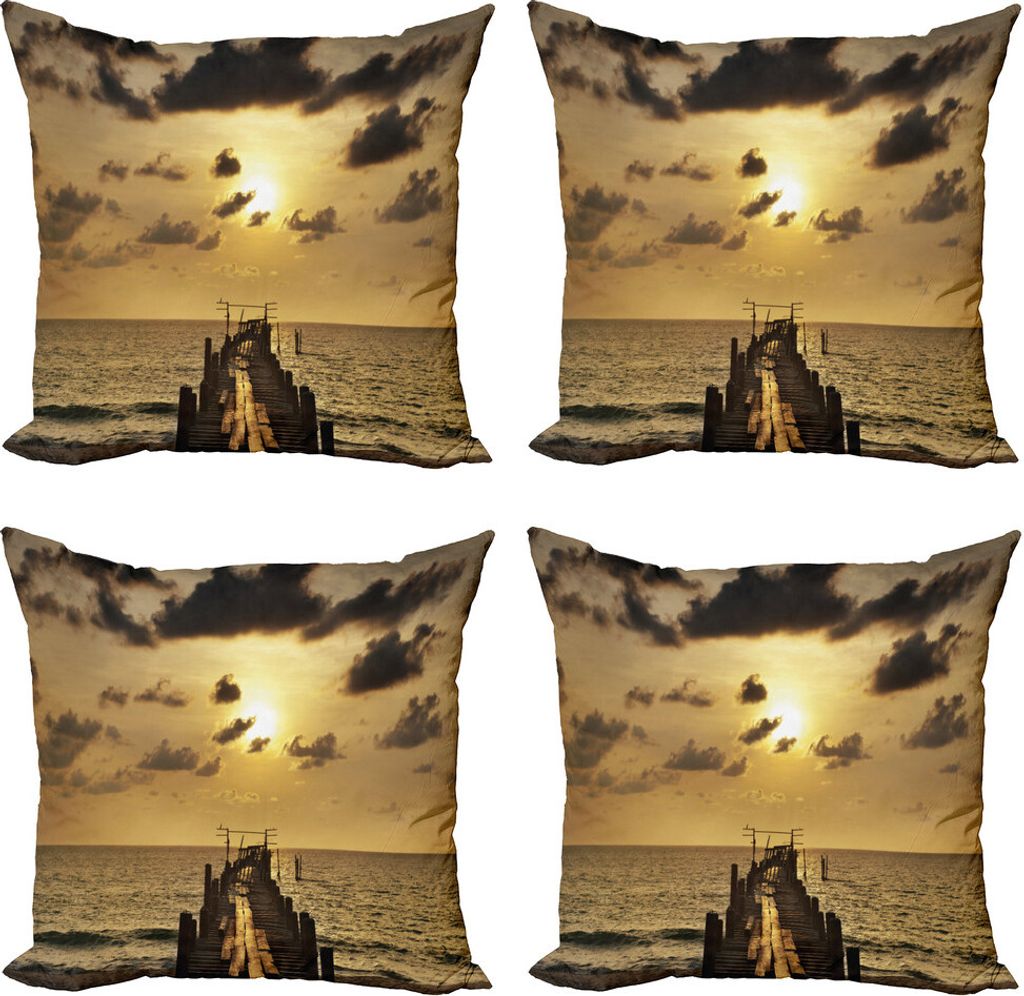 ABAKUHAUS Landschaft Kissenbezug Set (4 Stück), Old Wood Deck Sunset, Moderner Doppelseitiger Digitaldruck, 40 cm x 40 cm, gelb Grau