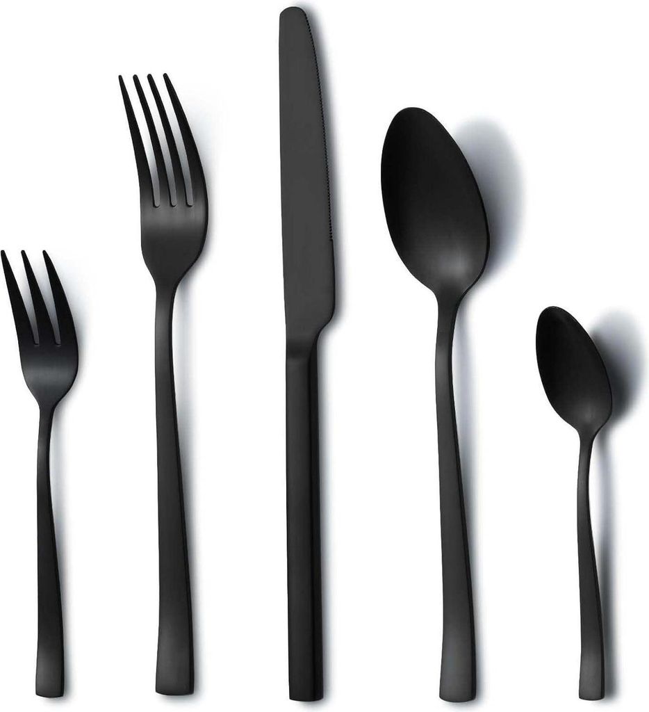 A set of black cutlery arranged on a white background.