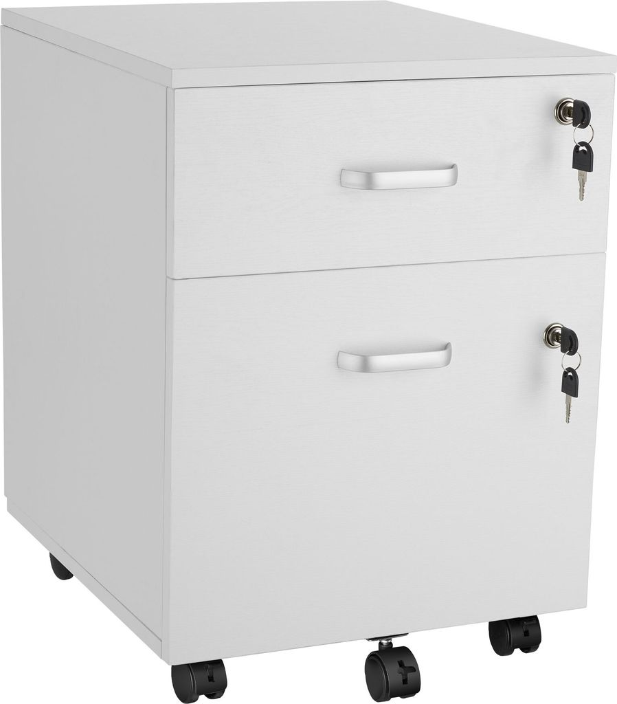 A white two-drawer filing cabinet on wheels is shown against a white background.