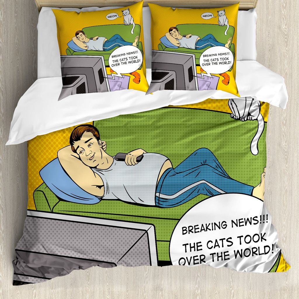 ABAKUHAUS Jahrgang Bettbezug, Man TV-Katze Comic, Milbensicher Allergiker geeignet mit Kissenbezügen, 200 cm x 200 cm - 80 x 80 cm, Mehrfarbig