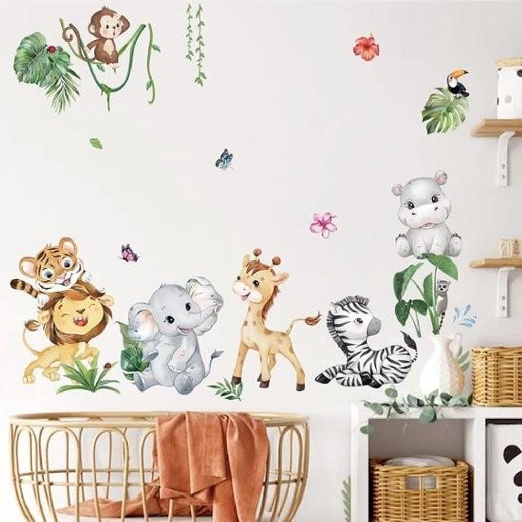 Dschungeltiere Wandaufkleber Elefant Löwe Giraffe Safari Wandtattoo Baby Kinderzimmer Babyzimmer Schlafzimmer Wanddekoration