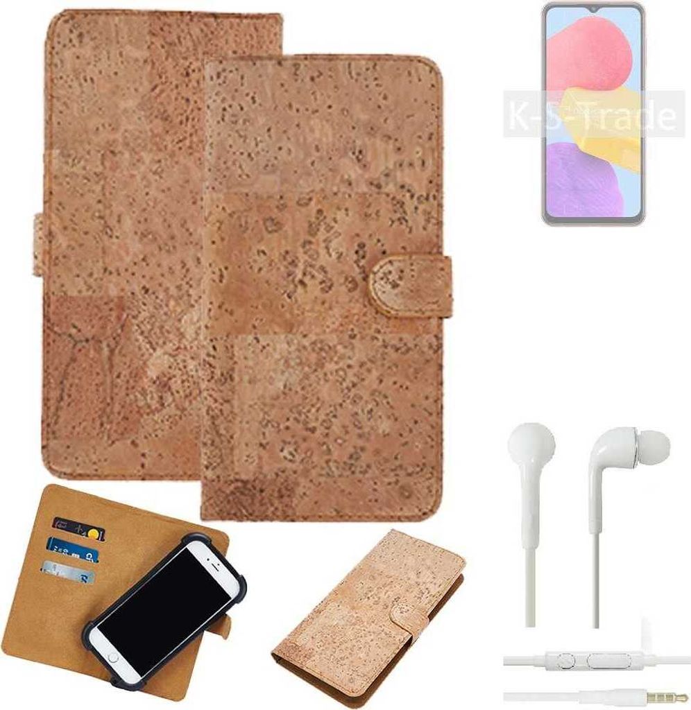 K-S-Trade Hülle kompatibel mit Samsung Galaxy F13 + in ear Kopfhörer Kork Handyhülle Cover Schutzhülle TPU Case Bumper in Hellbraun, (1x)