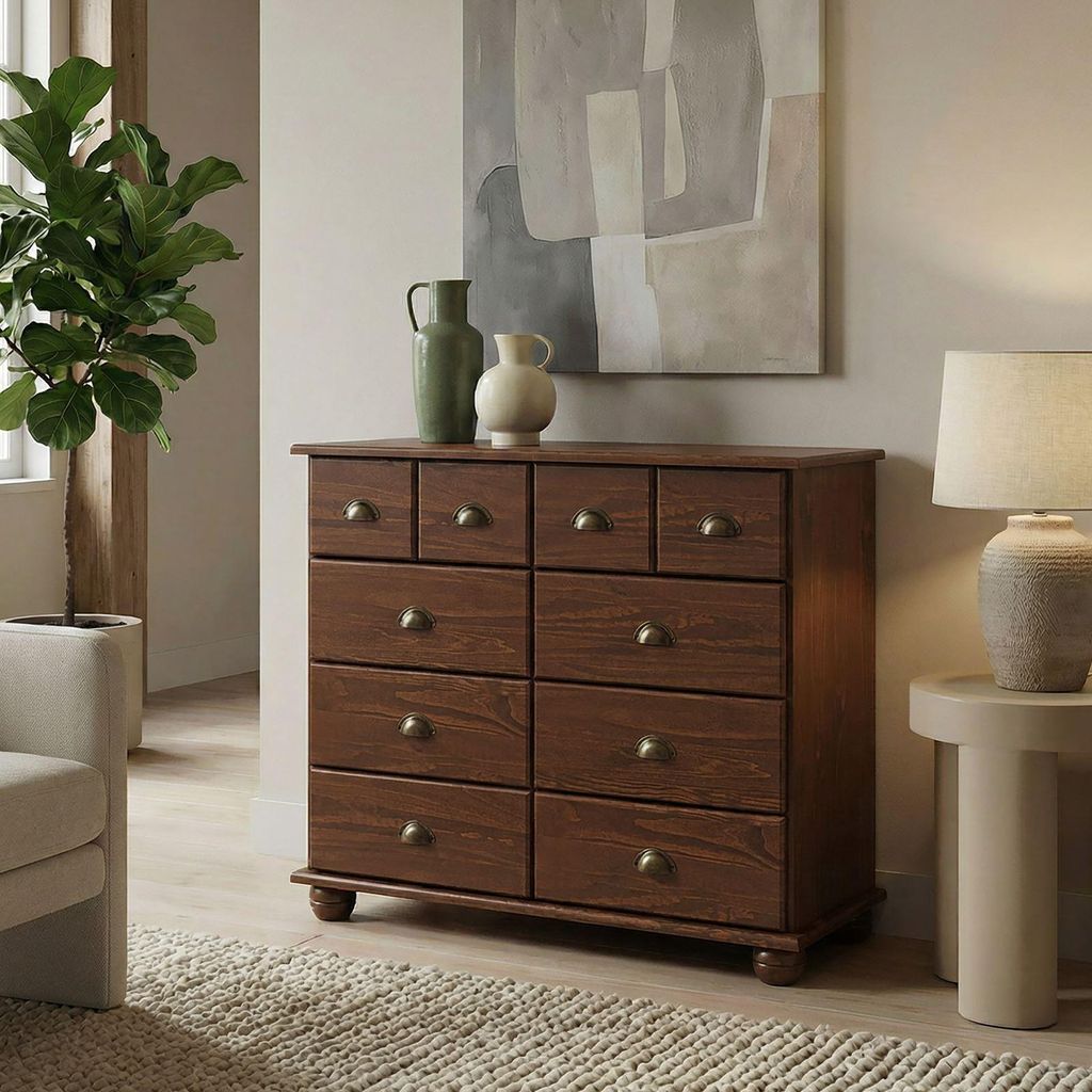 Schubladenschrank COLMAR, schöne Kommode mit 8 Schubladen, praktischer Apothekerschrank in kastanie, elegantes Sideboard mit Muschelgriffen