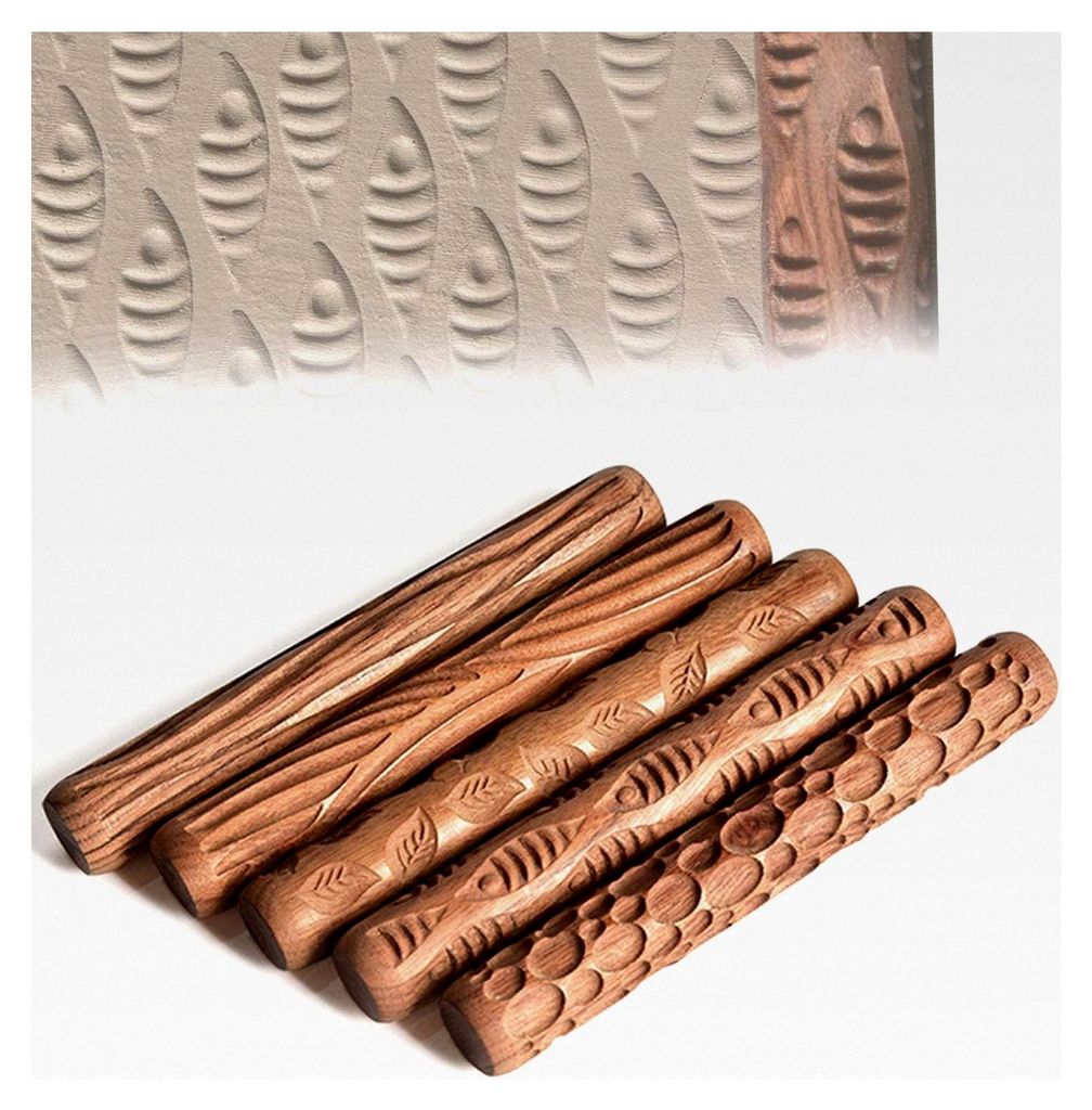 5 Stück Tonstempel Töpferwerkzeug, Prägestempel Tonroller Muster, Töpferton Walzen Set für Keramik & DIY, Gravur-Nudelholz, 3D Polymer Clay Te...