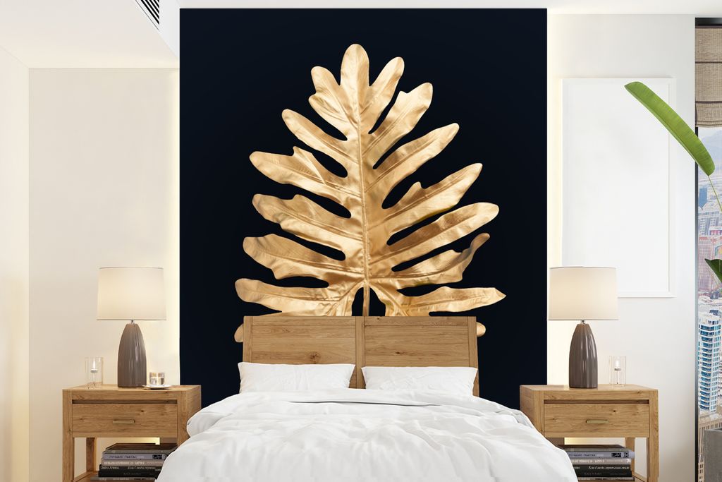 MuchoWow Fototapete für Wohnzimmer oder Schlafzimmer Wandtapete Vinyl Motivtapete Blätter - Herbst - Gold - Schwarz - Natur - Luxus - 205x280 c...