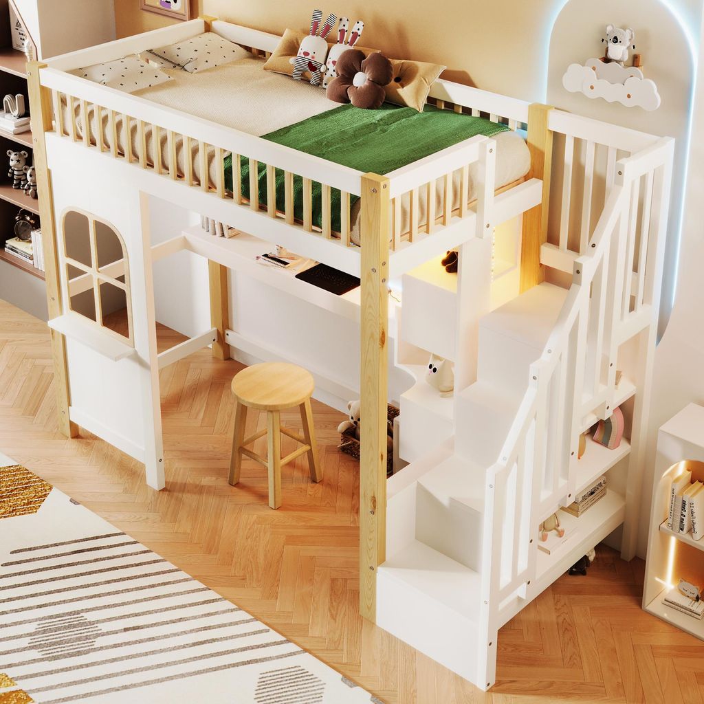 STILVORA Hochbett 90×200 mit Schreibtisch&Staufach,Jugendbett Kinderbett mit LED&Steckdose,Bettgestell in Fensterform,Holzbett ohne Matratze,Weiß...