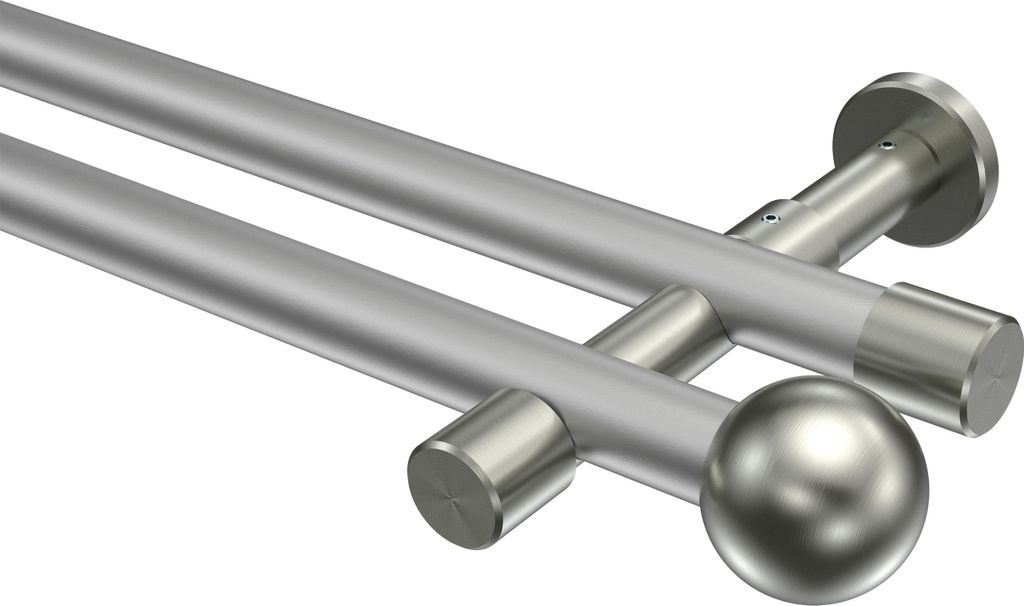 Interdeco Gardinenstange / Vorhangstange Silbergrau / Edelstahl-Optik, Typ Prestige Luino (Kugel) ohne Ringe, 20 mm Ø 2-läufig, 120 cm