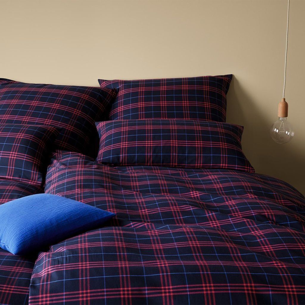 elegante Soft-Flanell-Bettwäsche-Garnitur Livingston Farbe Blau-Rot Größe 155x220+80x80