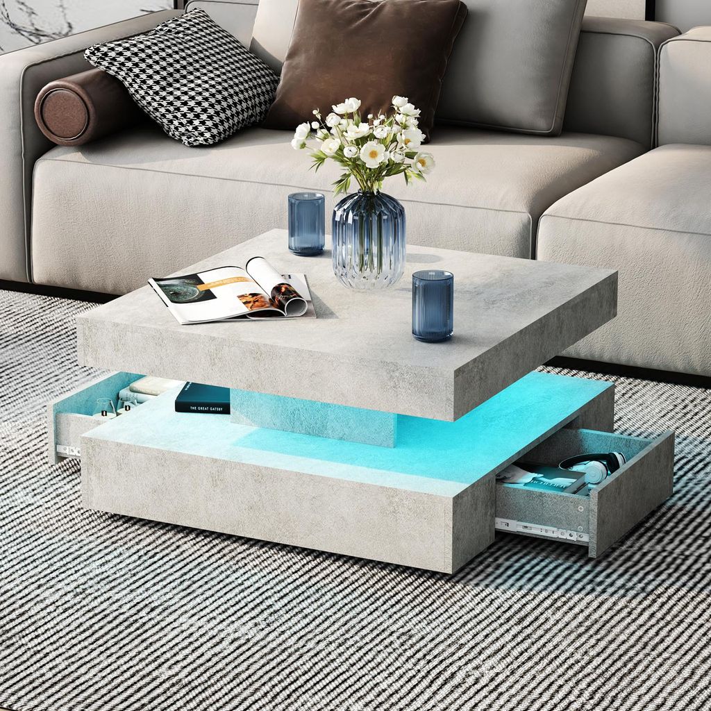 Radelldar Wohnzimmertisch mit 2 Schubladen, mit LED und Verstecktem Stauraum, matt 78x78x40cm, Grau