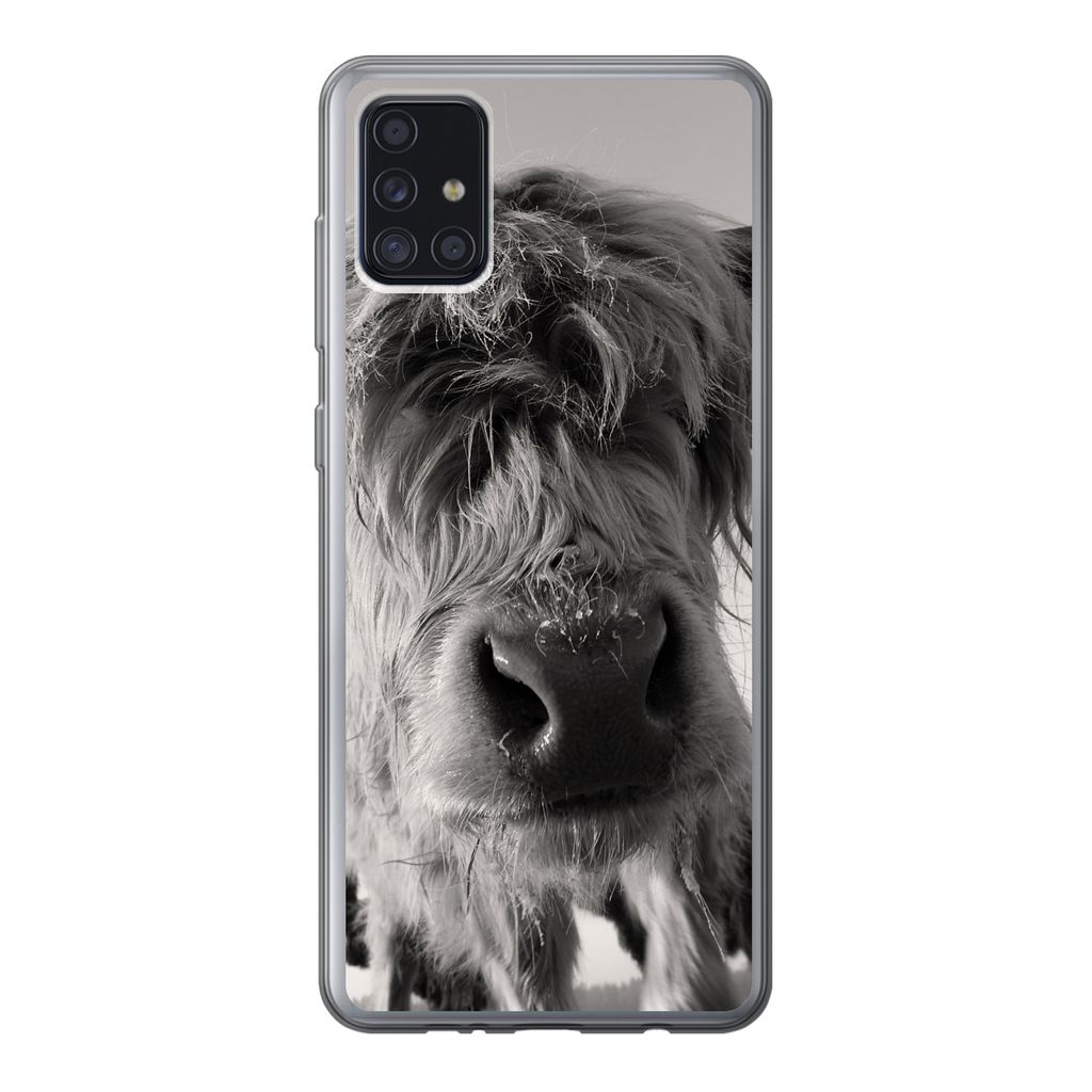 MuchoWow Handyhülle Schutzhülle Hülle für Samsung Galaxy A52 5G Schottischer Highlander - Schwarz - Weiß - Tiere Silikon Softcase Handy Hül...