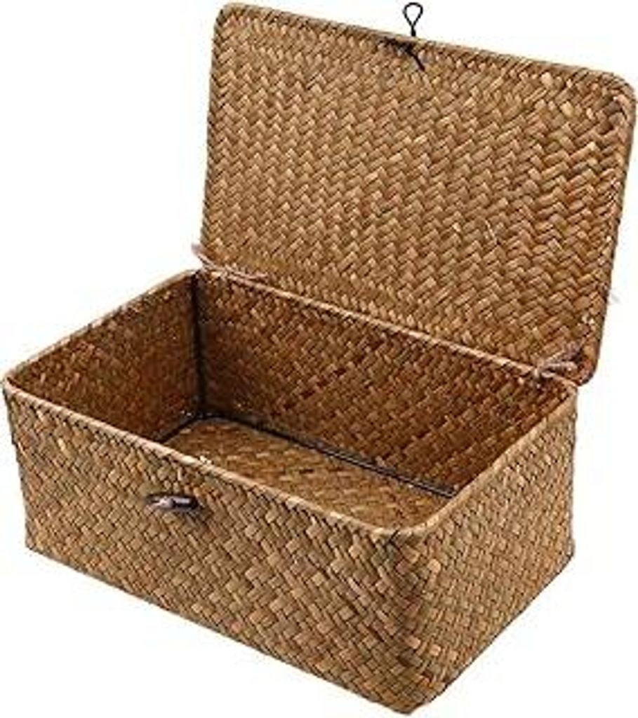 Esoes Aufbewahrungskorb aus geflochtenem Rattan, Aufbewahrungsbox mit Deckel, Seegras, Wäschekörbe, Make-up-Organizer für Badezimmer, Wohnzimmer...