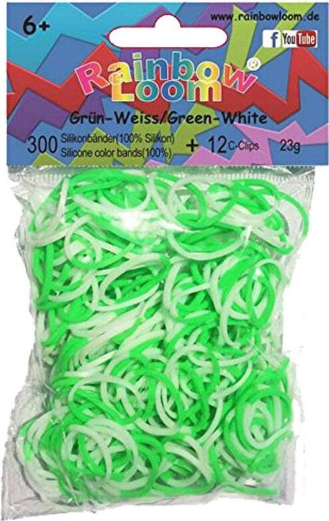 Original Rainbow Loom Farbe Duo Farben Grün Weiß 300 Gummibänder + 12 Clips