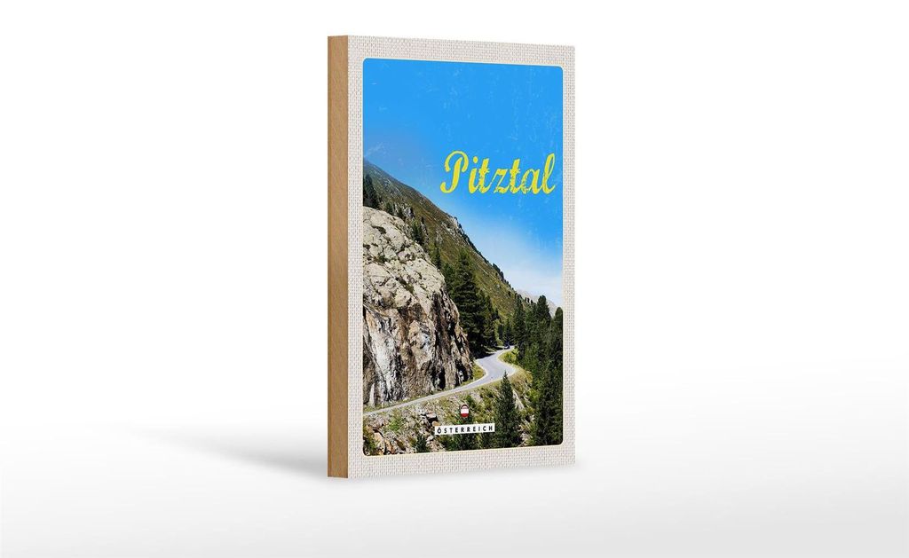Holzschild Reise 12x18 cm Pitztal Österreich Wald Natur Berge