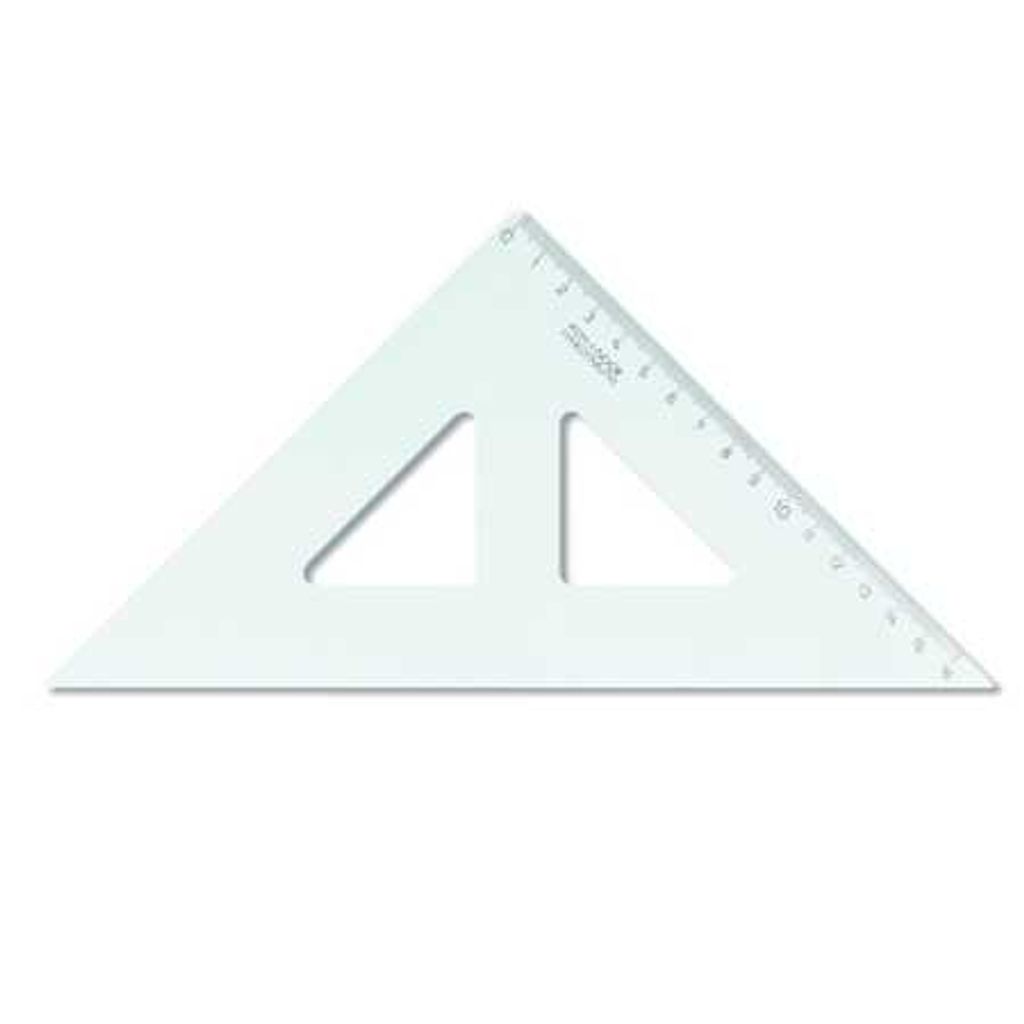 A transparent triangular ruler on a white background.