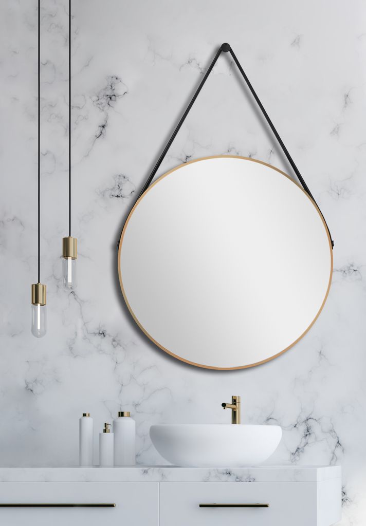 Wandspiegel rund Talos Gold Style Matt Ø 50 cm – Badspiegel mit Aufhängegurt in Lederoptik – hochwertiger umlaufender Aluminiumrahmen in gold...
