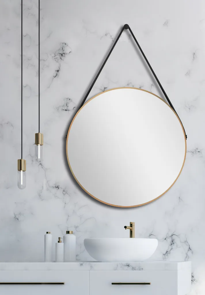 Specchio da parete rotondo Talos Gold Style Matt Ø 50 cm - Specchio da bagno con cinghia di sospensione in pelle - Cornice in alluminio di alta qualità in oro - Specchio da bagno