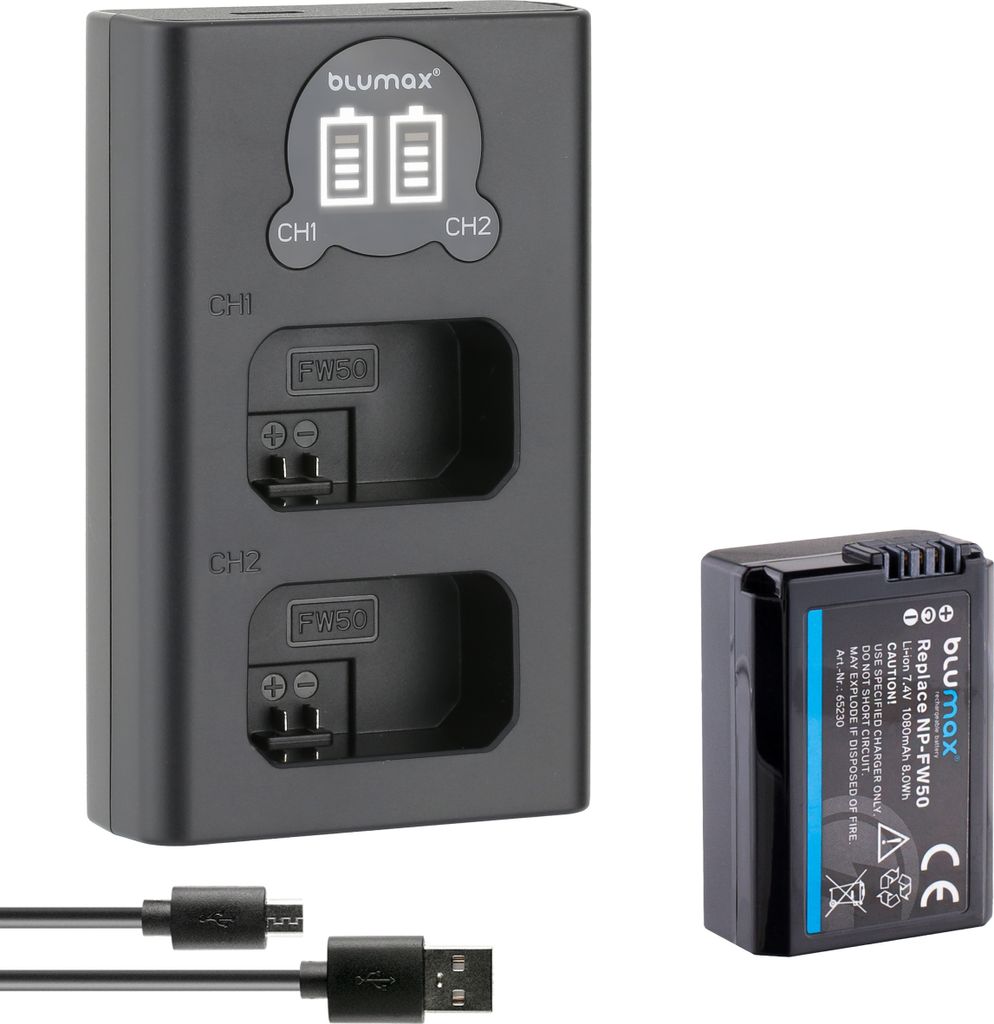 1x Akku + LCD Lader für Sony NP-FW50 Alpha 6500 7 II 7R 7S NEX 7 RX10 1080 mAh