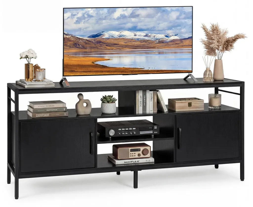 Meuble TV moderne noir avec pieds métalliques et grands rangements ouverts