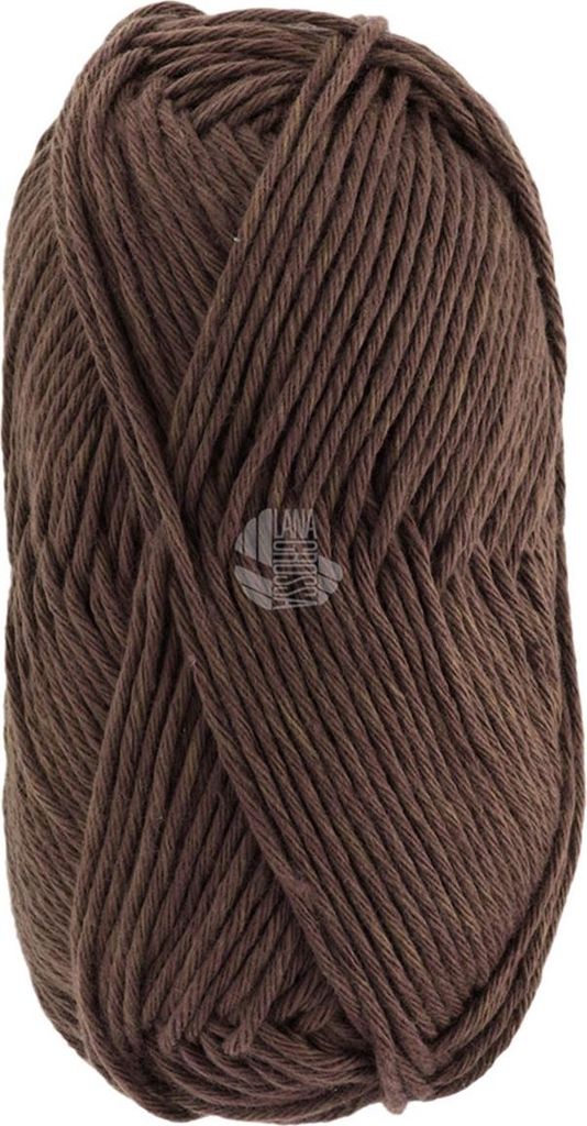 A ball of brown yarn on a white background.